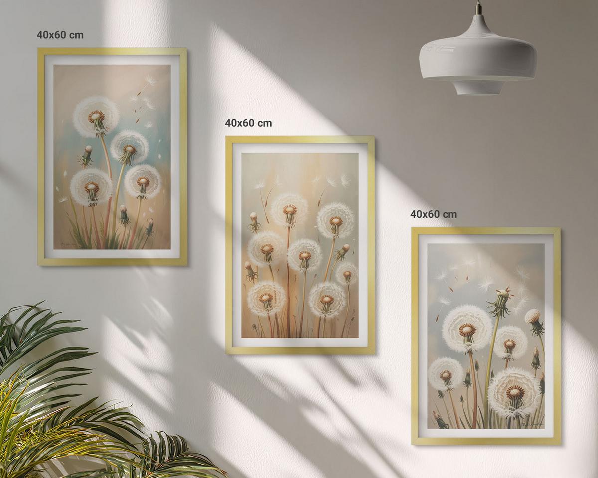 BILDER SET 3er Set - 40x60 cm Goldrahmen - Pastellfarbene Löwenzahnblüten - Goldfarben, Kunststoff (40/60cm) - TULUP