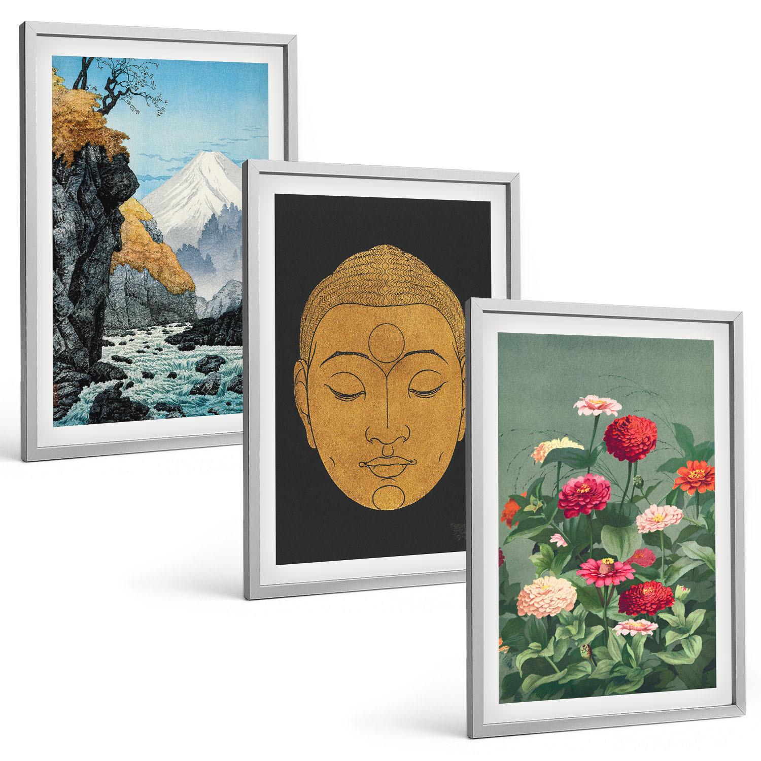 BILDER SET 3er Set - 40x60 cm Silberner Rahmen - Japanische Natur, Japandi-Kultur - Silberfarben, Kunststoff (40/60cm) - TULUP