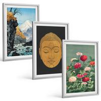 BILDER SET 3er Set - 40x60 cm Silberner Rahmen - Japanische Natur, Japandi-Kultur - Silberfarben, Kunststoff (40/60cm) - TULUP