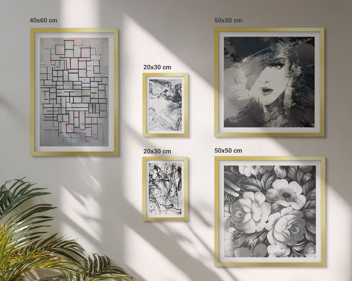 BILDER SET 5er Set - 50x50 cm & 20x30 cm & 40x60 cm Goldrahmen - Abstrakte schwarz-weiße Muster - Goldfarben, Kunststoff (40/60cm) - TULUP
