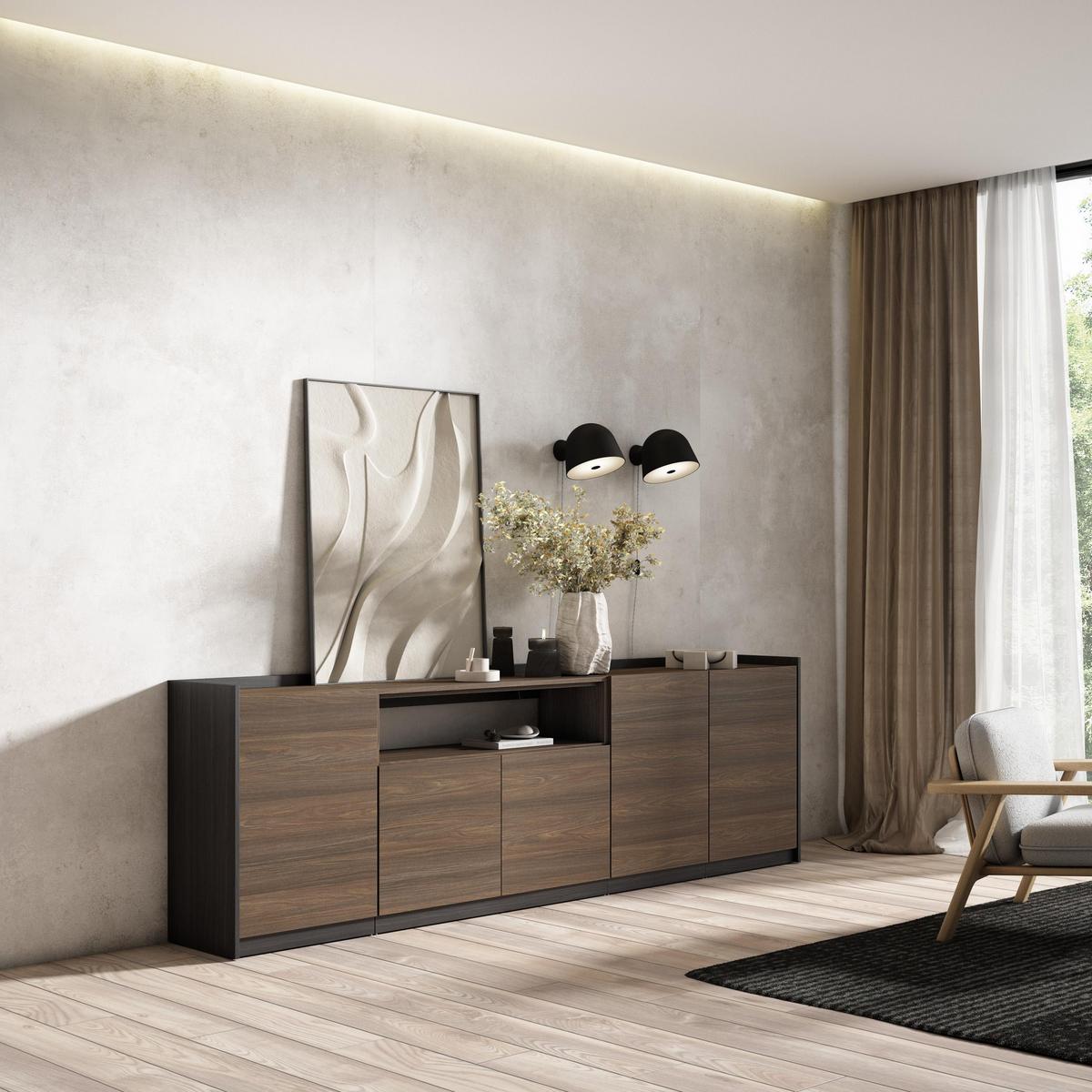 SIDEBOARD, Highboard, Dunkler Eiche und Schwarz, 260/37/80cm - Hellbraun, Holzwerkstoff (260/80/37cm) - Skraut Home