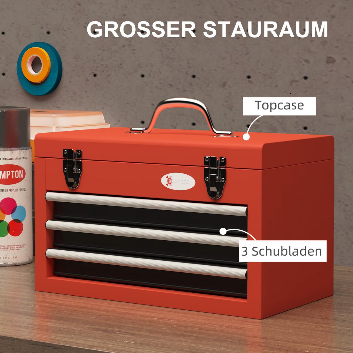 WERKZEUGKISTE leer, 45 x 24 x 27 cm Werkzeugkasten mit 3 Schubladen, Rot - Rot, Metall (24/27/45cm) - DURHAND