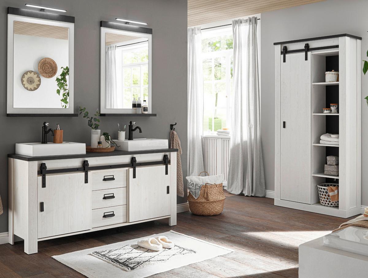 BADMÖBEL-SET weiß Pinie, anthrazit Landhaus, Doppelwaschtisch mit Waschbecken und LED - Anthrazit/Weiß, Holzwerkstoff/Metall (163/210/43cm) - Furn.Design