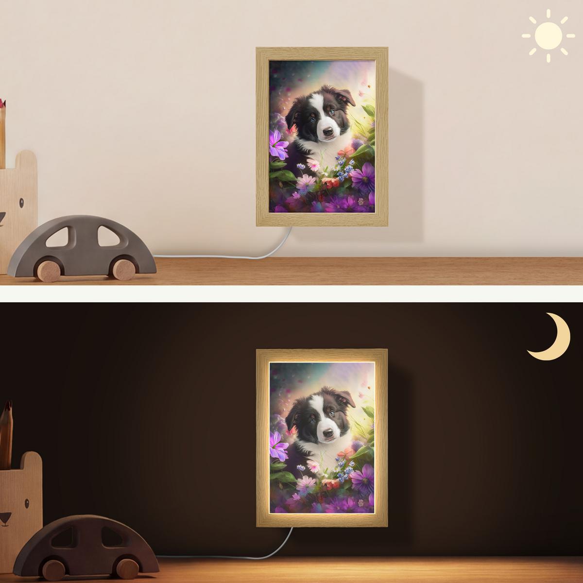 WANDLEUCHTE Welpe - Sonne - Blumen - Natur - Border Collie - Hund 15x20 cm - Violett, Holzwerkstoff (15/20/8cm) - OnlyWow