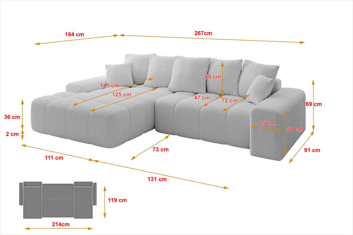 ECKSOFA Ottomane Links ENSI-L - 267x164x69 cm Hellgrau - Hellgrau, Holzwerkstoff/Kunststoff (267/164cm) - ALTDECOR