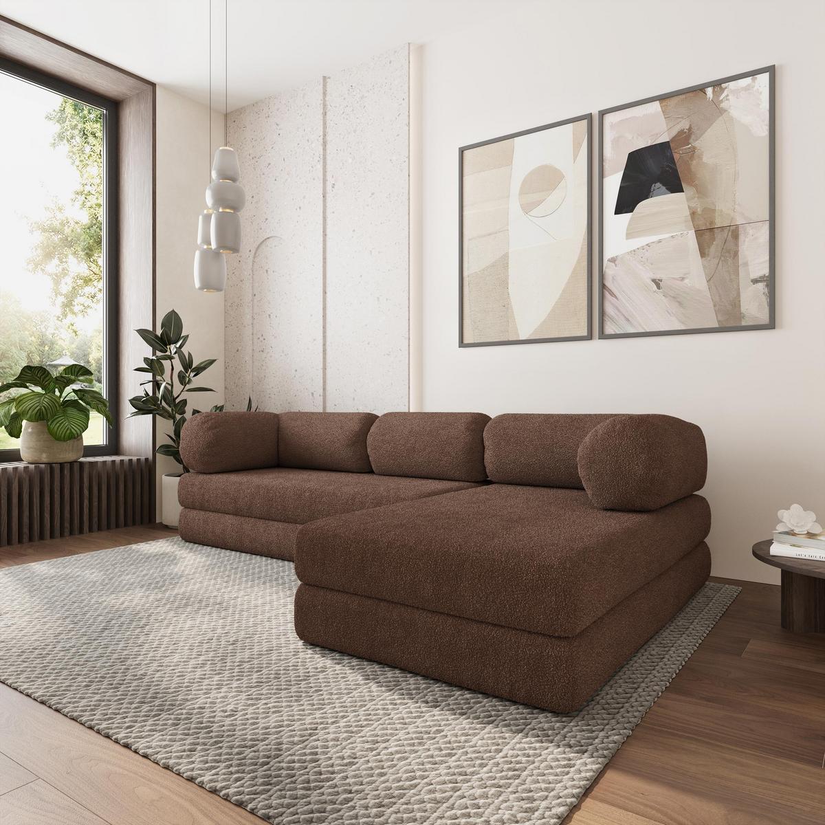 ECKSOFA KELI modulares Boneless Sofa mit Schlaffunktion Braun Boucle-Stoff - Braun, Textil (270/160cm) - MASSENO