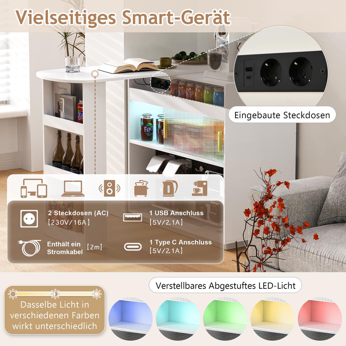 BARTISCH mit sideboard in weiß mit riffelglas, 360° drehbar - Weiß, Holzwerkstoff (50/120/95.5cm) - Urban Meuble