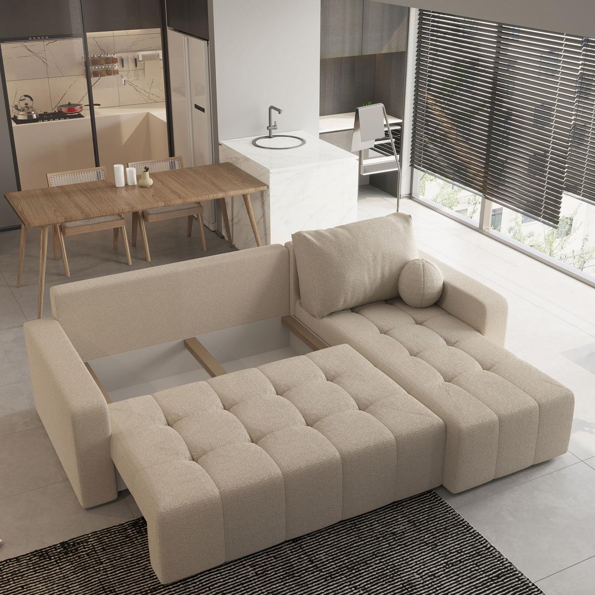 ECKSOFA VOLIRA Beige Boucle-Stoff mit Schlaffunktion - Beige, Holz (230/143cm) - MASSENO