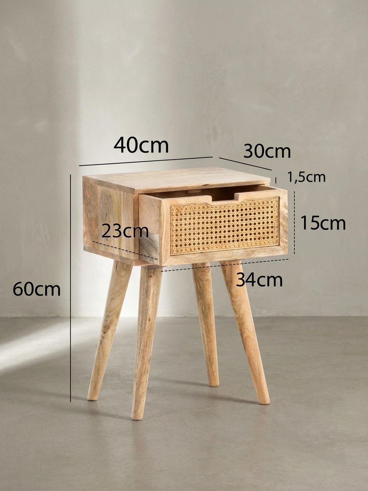 NACHTTISCH – Mango Massivholz/Rattan, 40x60x30 cm, Braun, 1 Schublade, Wiener Geflecht - Braun, Holz (40/60/30cm) - KADIMA DESIGN