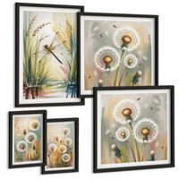 BILDER SET 5er Set - 50x50 cm & 20x30 cm & 40x60 cm Schwarzer Rahmen - Pastellfarbene Löwenzahnblüten - Schwarz, Kunststoff (40/60cm) - TULUP