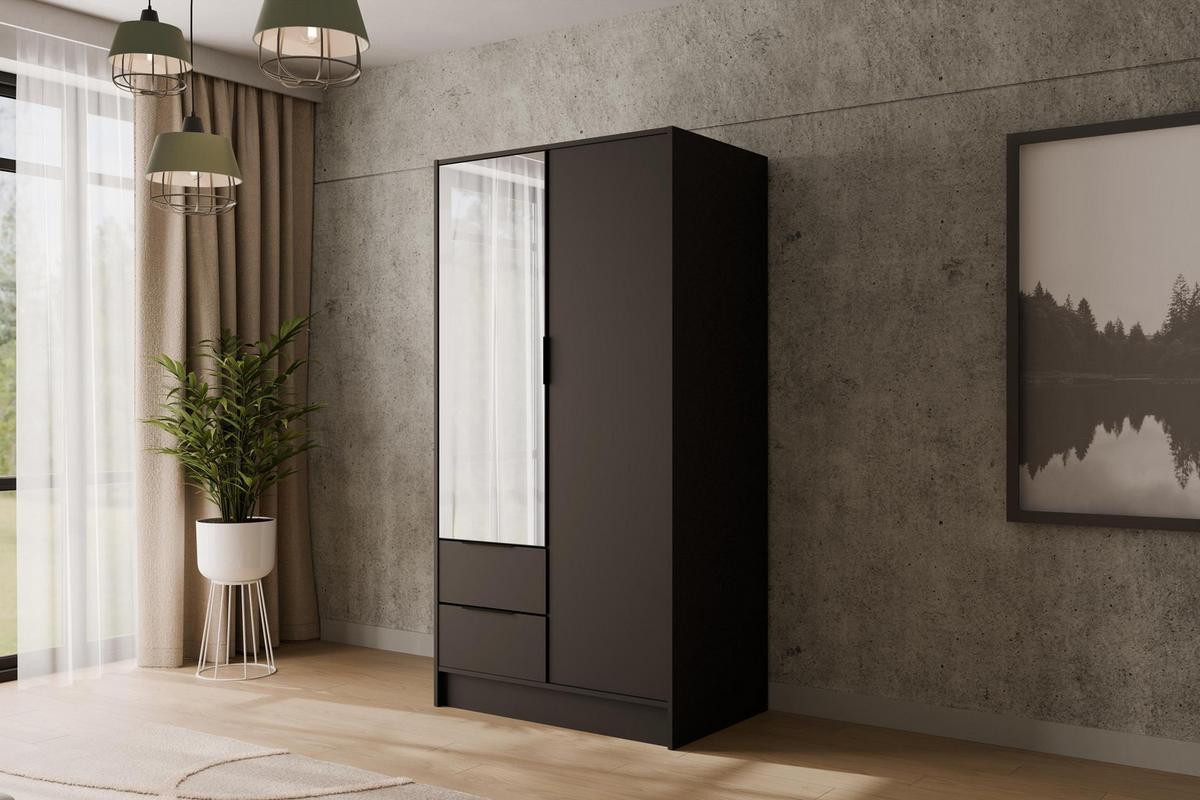 KLEIDERSCHRANK mit Spiegel und Flügeltüren KOLIN 100x200cm Schwarz - Schwarz, Holzwerkstoff (102/200/51cm) - ALTDECOR