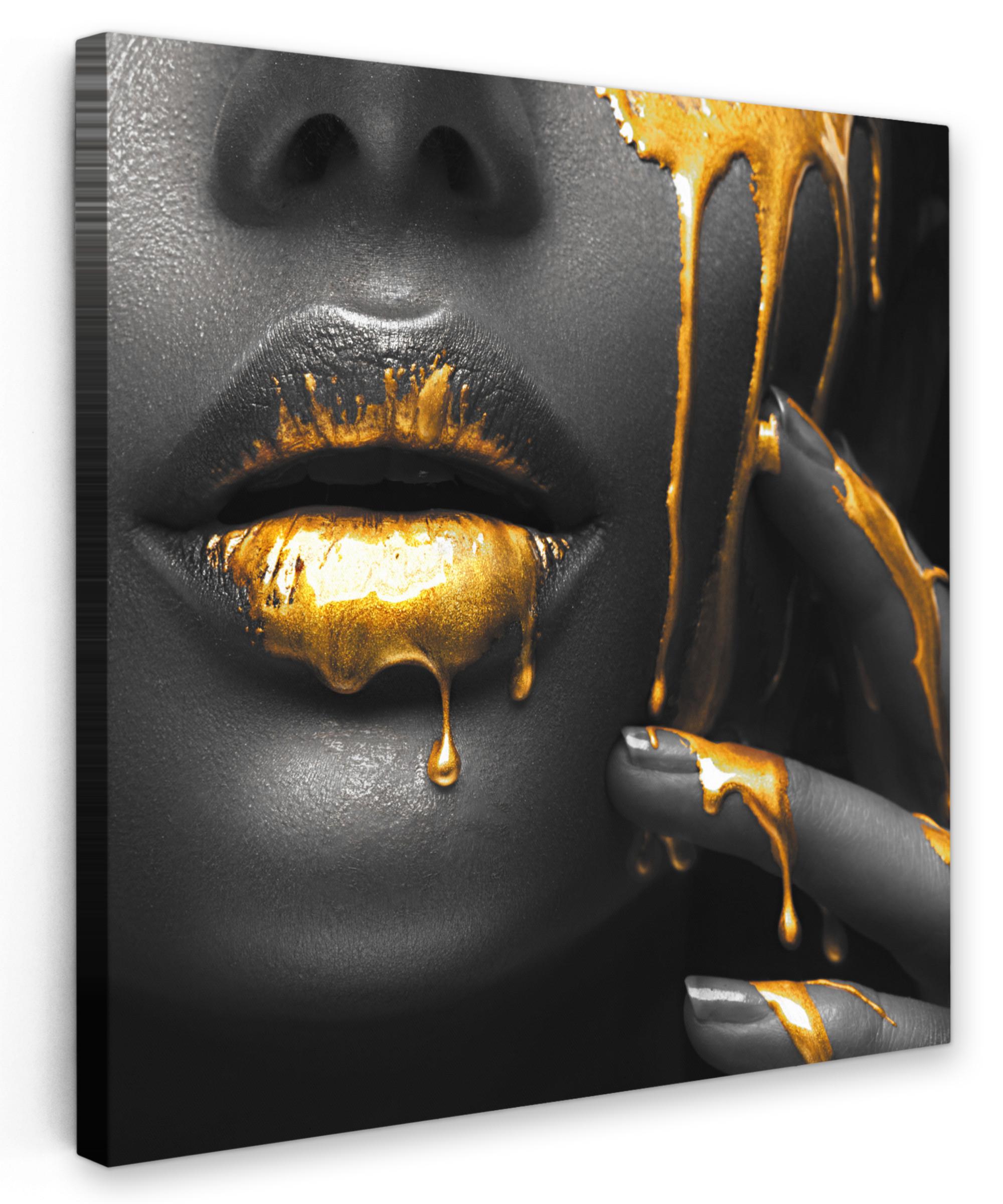 LEINWANDBILD Frau - Schwarz - Gold - Gesicht - Lippen Wandbild Wohnzimmer 50x50 cm - Goldfarben, Textil (50/50cm) - MuchoWow