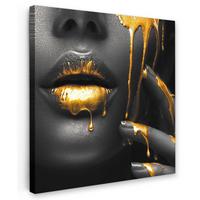LEINWANDBILD Frau - Schwarz - Gold - Gesicht - Lippen Deko Groß 90x90 cm - Goldfarben, Textil (90/90cm) - MuchoWow