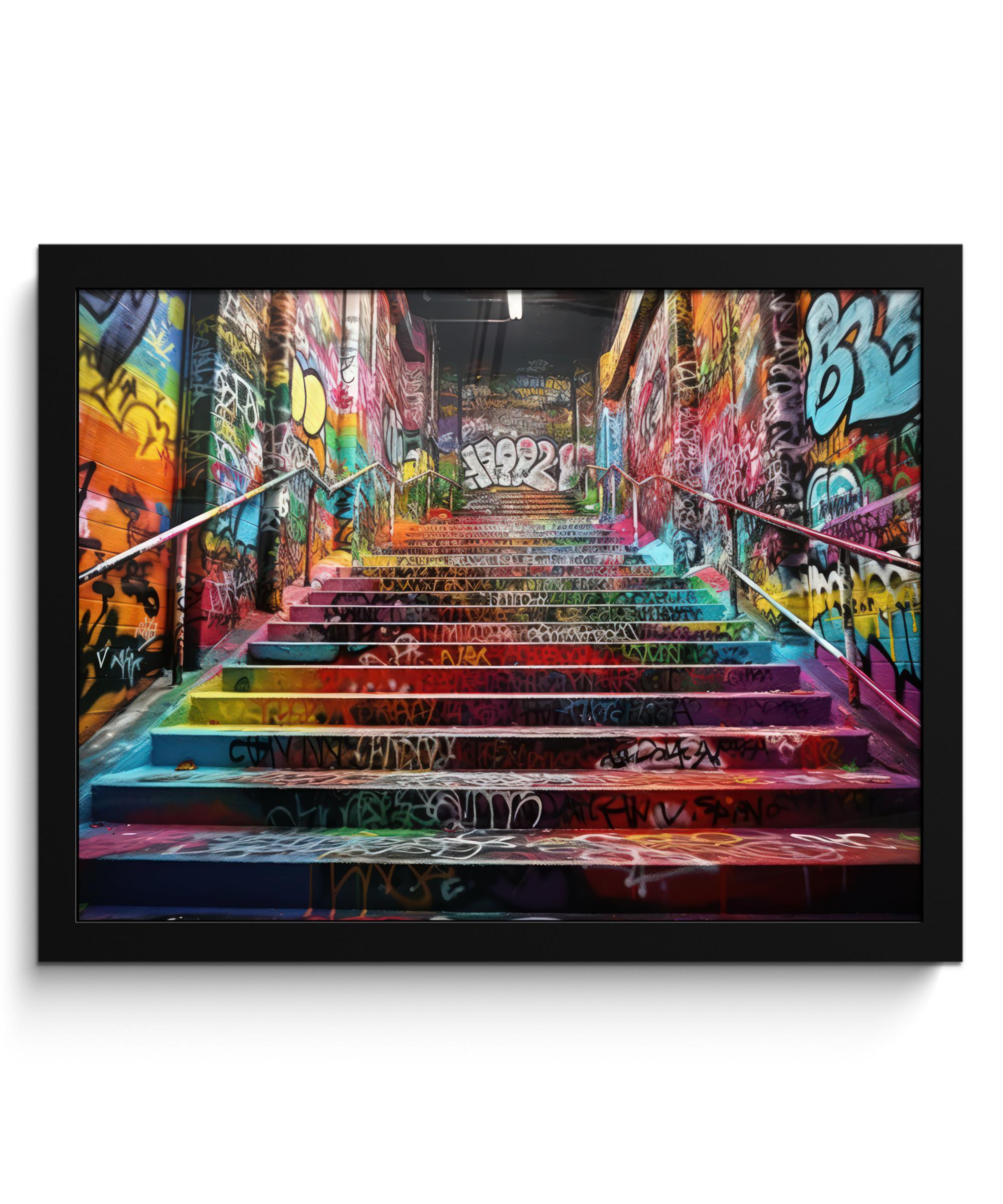 POSTER MIT RAHMEN Treppe - Graffiti - Farben - Kunst 40x30 cm - Multicolor, Papier (40/30cm) - MuchoWow