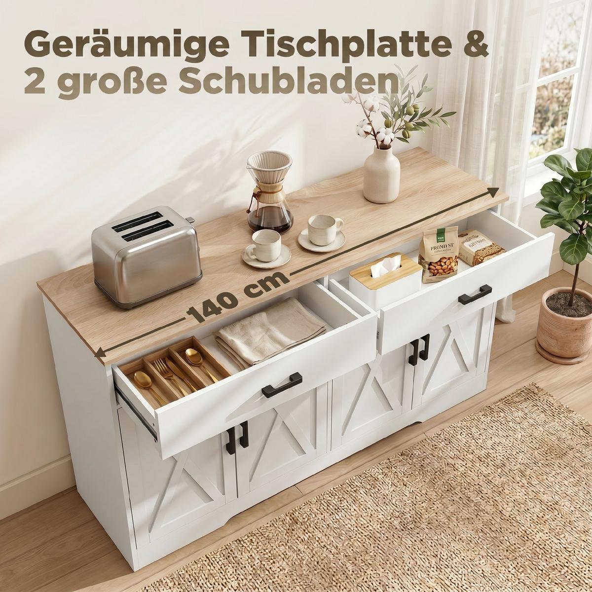 SIDEBOARD Spanplatte Weiß - Silberfarben/Weiß, Holzwerkstoff/Metall (38.5/81/140cm) - HOMCOM