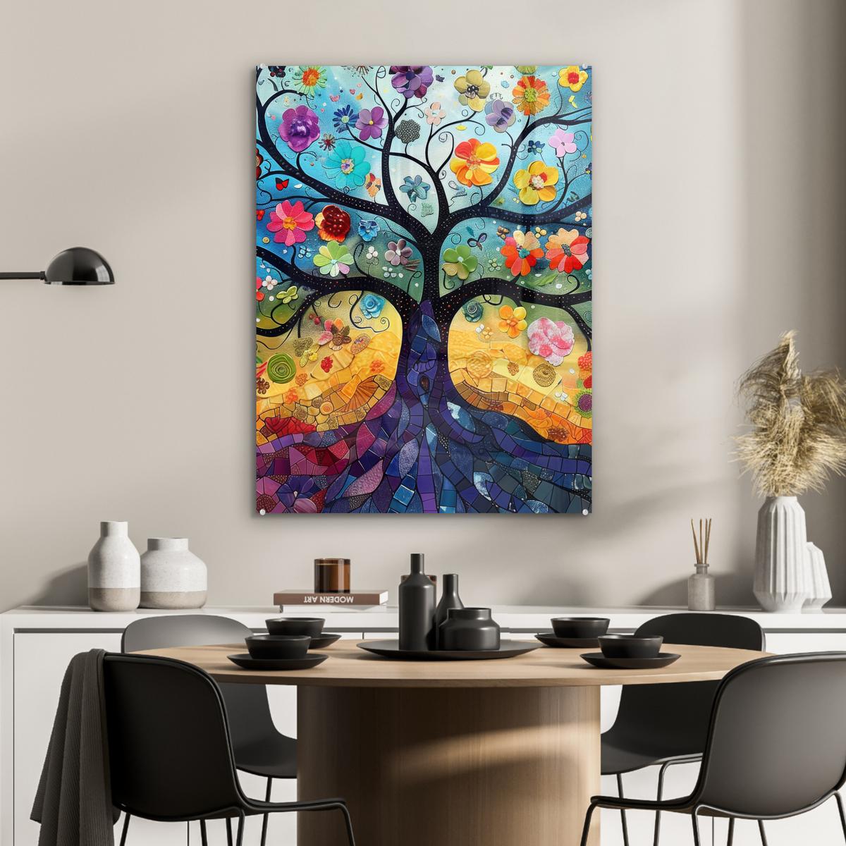 ACRYLGLASBILD Kunst - Baum des Lebens - Blumen - Hippie 60x80 cm - Dunkelblau, Glas (60/80cm) - MuchoWow