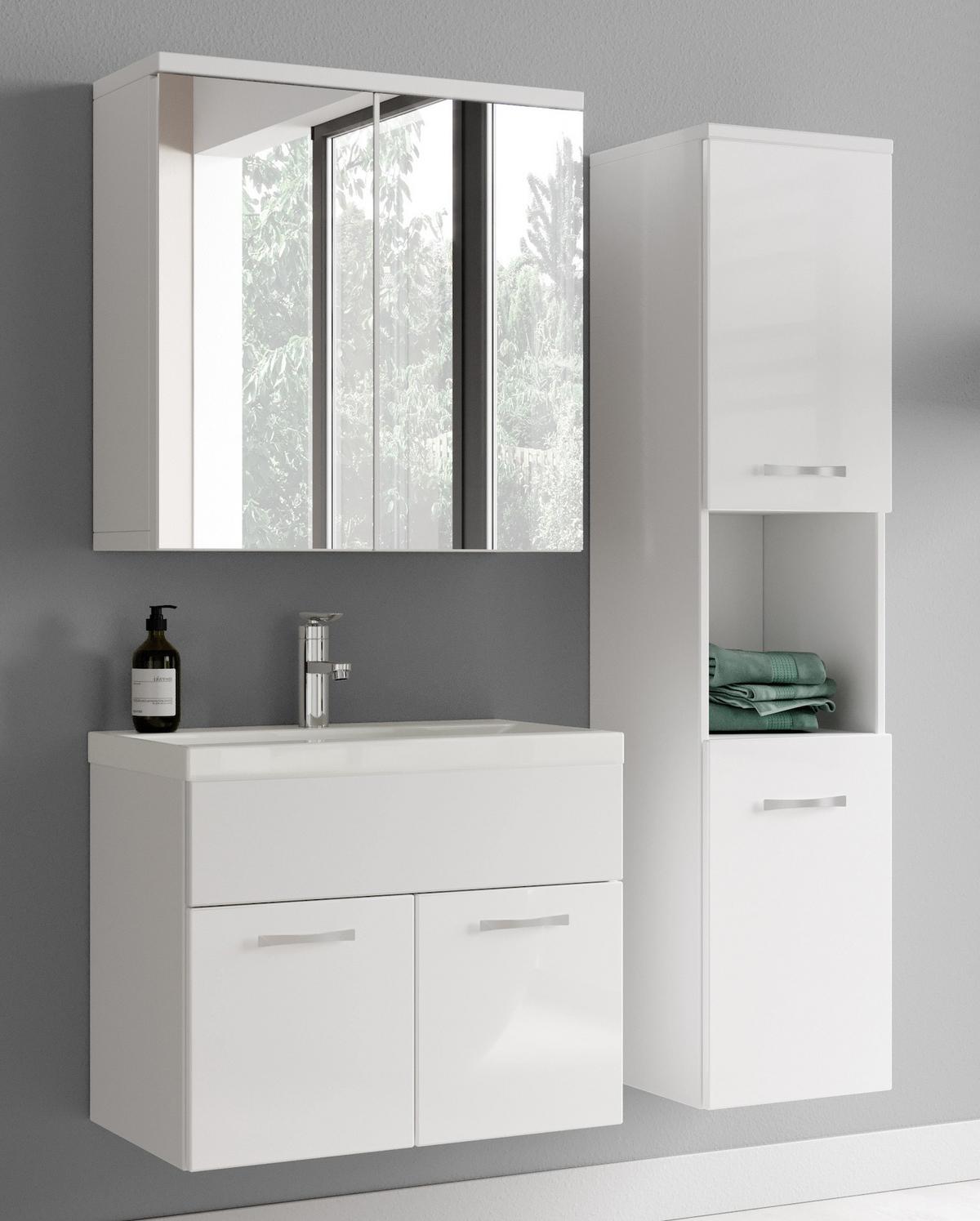 BADMÖBEL-SET Montreal 4 Teile Spiegelschrank Weiß Hochglanz - 60 x 35 x 51 cm - Weiß, Holz (60/51/35cm) - Badplaats