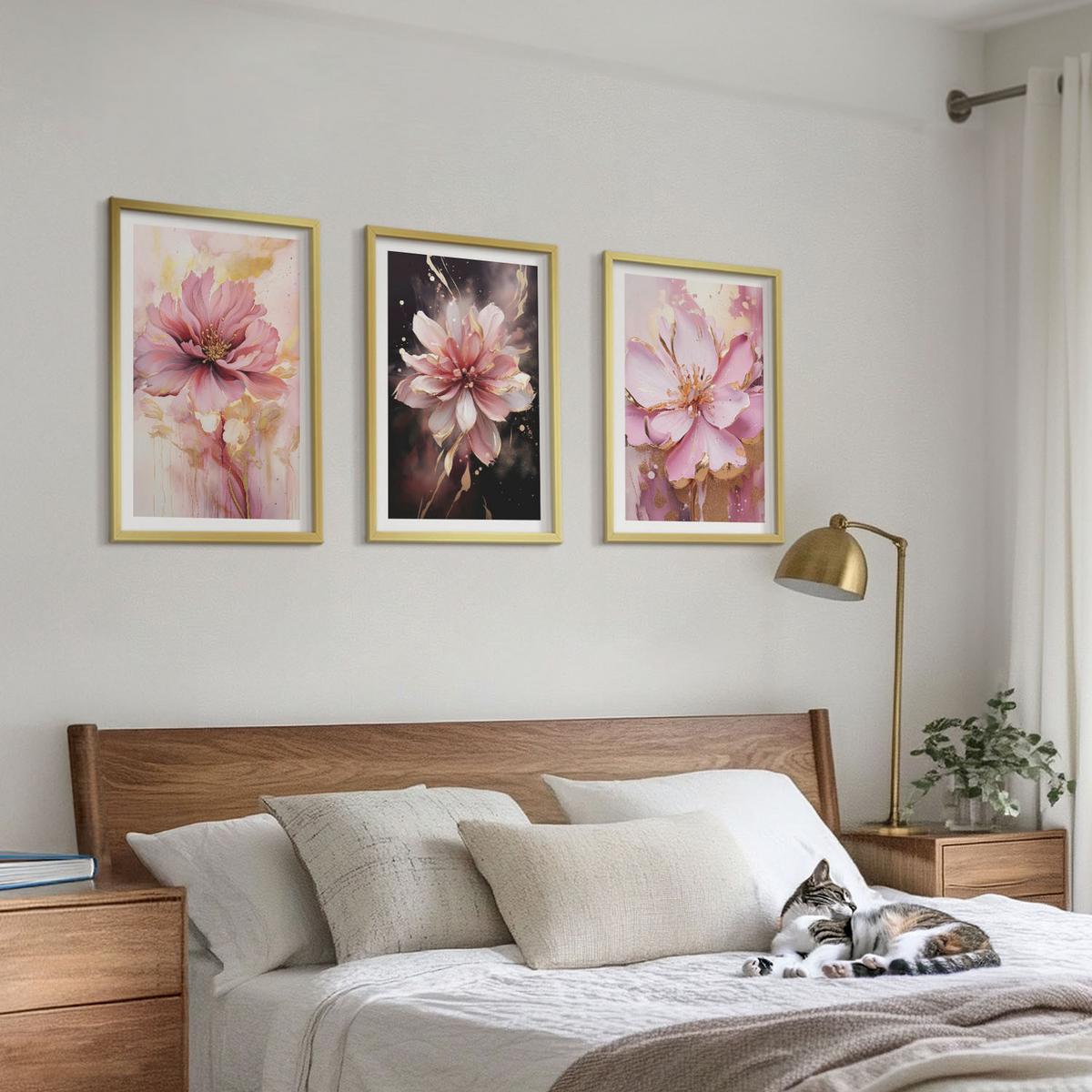 BILDER SET 3er Set - 40x60 cm Goldrahmen - Blumenkompositionen aus Rosen und Weiß - Goldfarben, Kunststoff (40/60cm) - TULUP