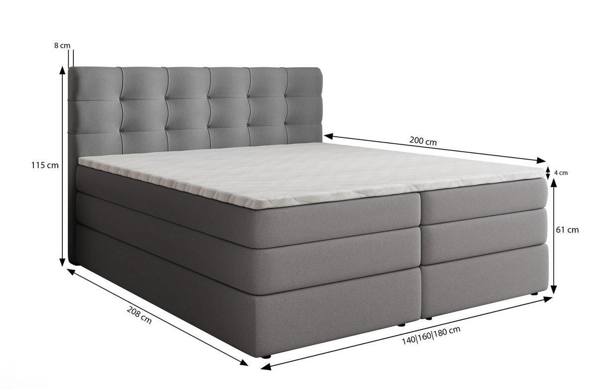 BOXSPRINGBETT AREZI 160x200 cm mit Matratze und Topper - Grau - Grau, Holz (160/200cm) - MASSENO