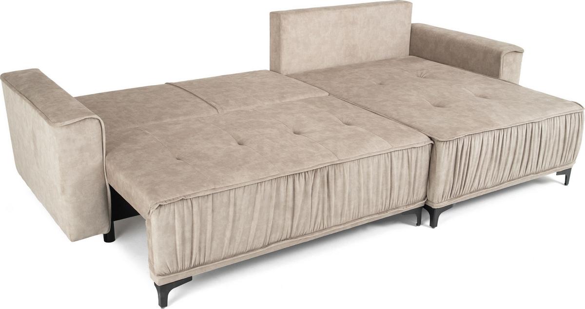 ECKSOFA Velora mit Schlaffunktion & Stauraum, Universell Rechts/Links, Beige Samt 270/92/150 cm - Ecru/Schwarz, Textil/Metall (270/150cm) - WFL GROUP