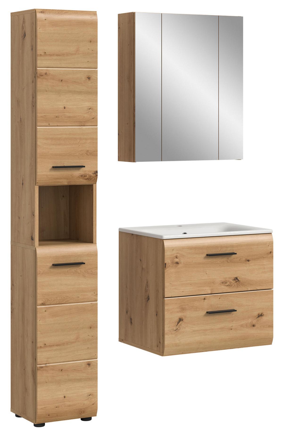 BADMÖBEL SET 3-teilig in Eiche Artisan, Bad Komplett-Set inkl. Waschbecken 105 x 185 cm - Schwarz/Eiche Artisan, Glas/Keramik (105/185/30cm) - Inn.Furn