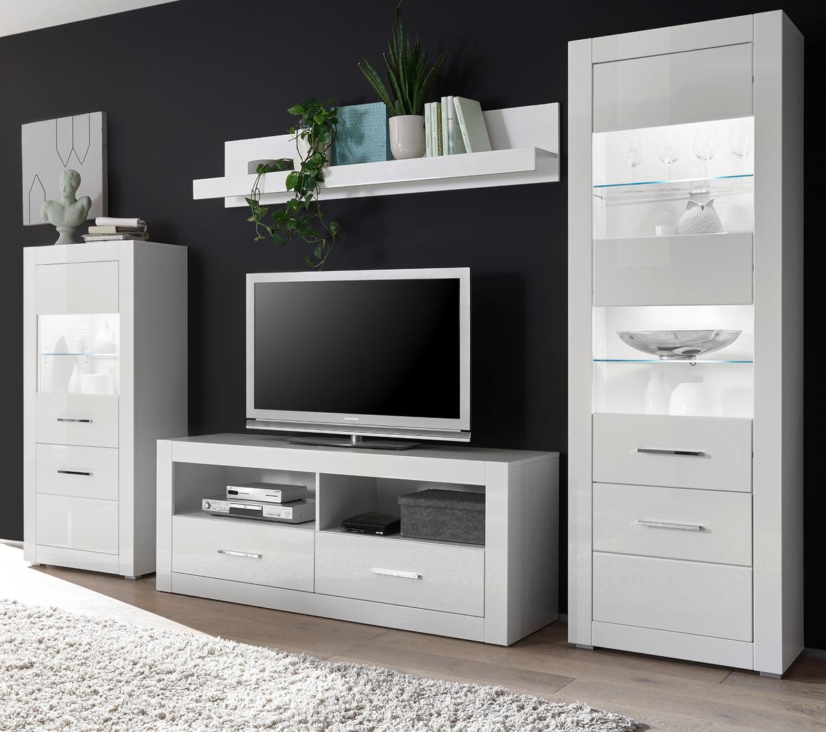WOHNWAND weiß Hochglanz, Wohnkombination 4-teilig 300 x 198 cm - Chromfarben/Weiß Hochglanz, Glas/Holzwerkstoff (300/198/45cm) - Furn.Design