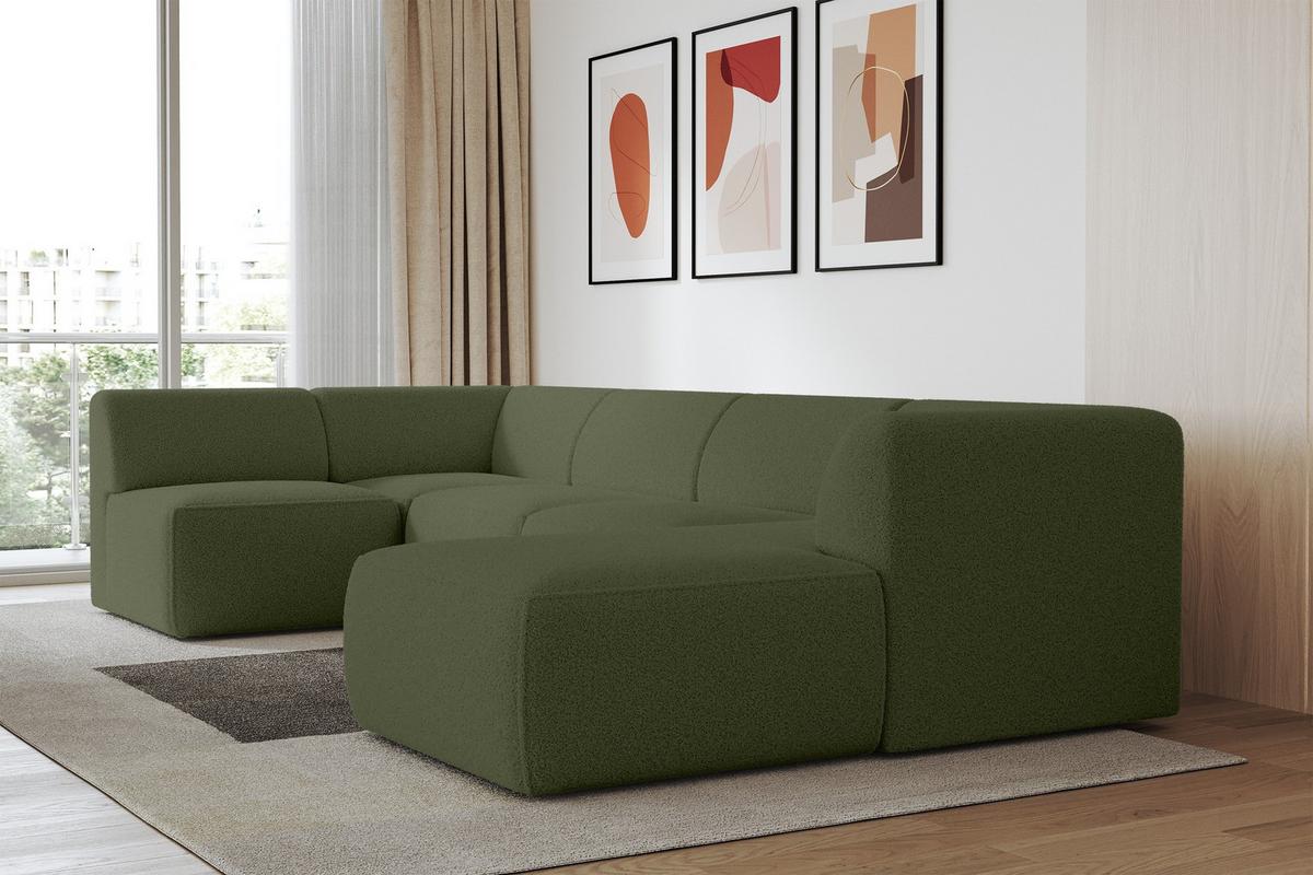 WOHNLANDSCHAFT Ottomane Rechts MOVO-L 345x180x78 cm Grün Bouclé - Dunkelgrün, Holzwerkstoff/Kunststoff (180/78/345cm) - ALTDECOR