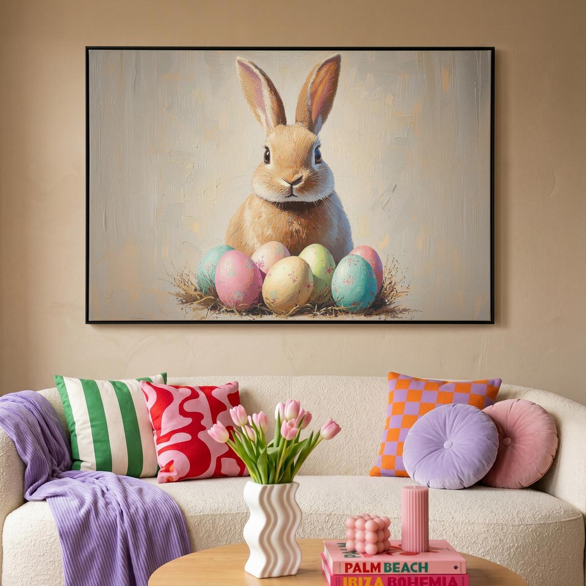 LEINWAND Bilder mit Rahmen - Osterhase - Pastell - Eier - 150x100 - Beige, Textil (150/100cm) - MuchoWow