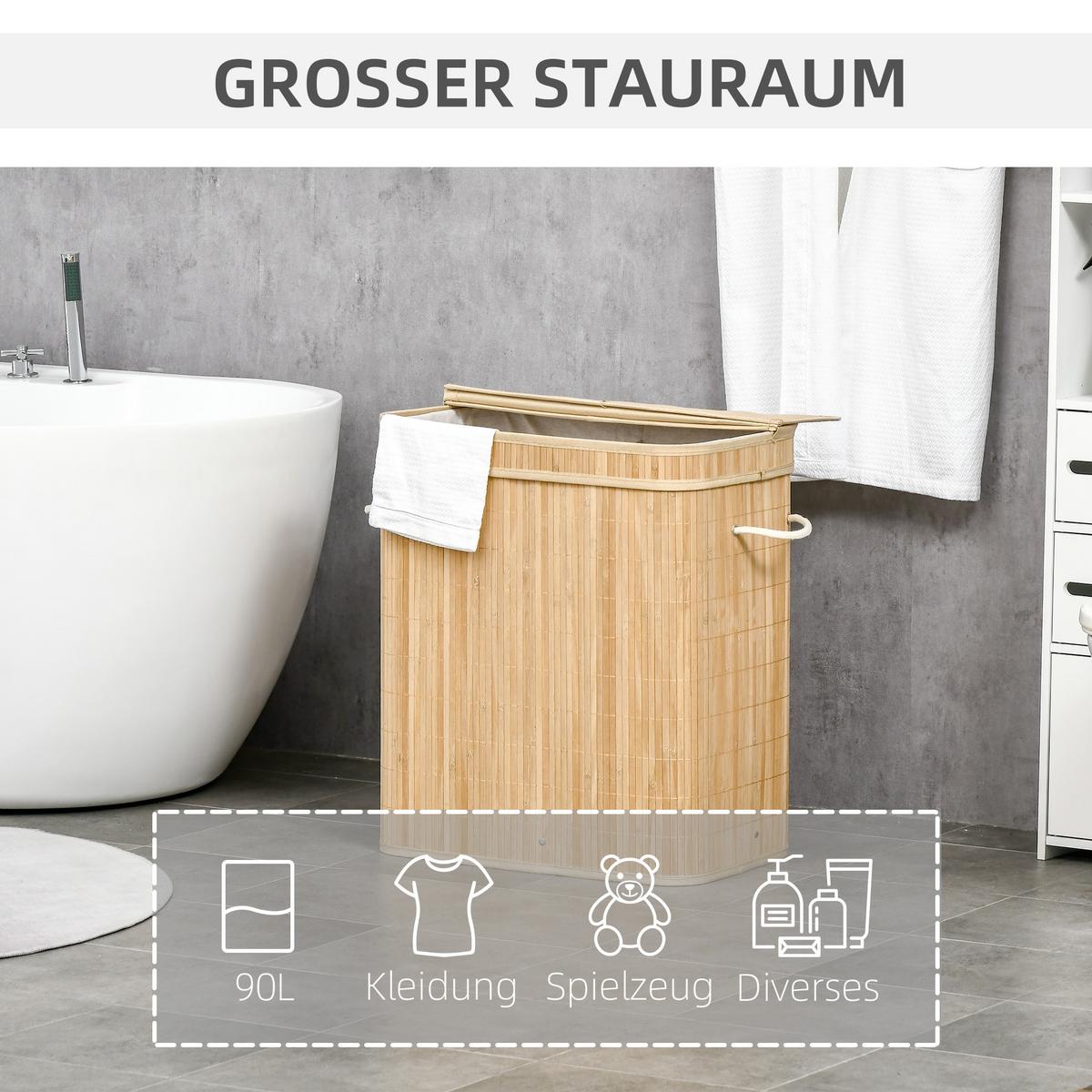 WÄSCHEKORB mit Deckel 90 L, Natur - Naturfarben, Naturmaterialien (35.2/59.5/54.2cm) - HOMCOM
