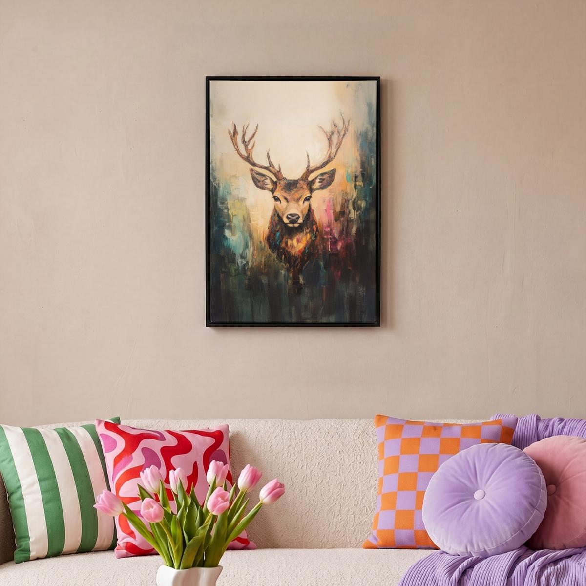 LEINWAND Bilder mit Rahmen - Hirsch - Gemalt - Geweih - Braun - 40x60 - Haselnussfarben, Textil (40/60cm) - MuchoWow