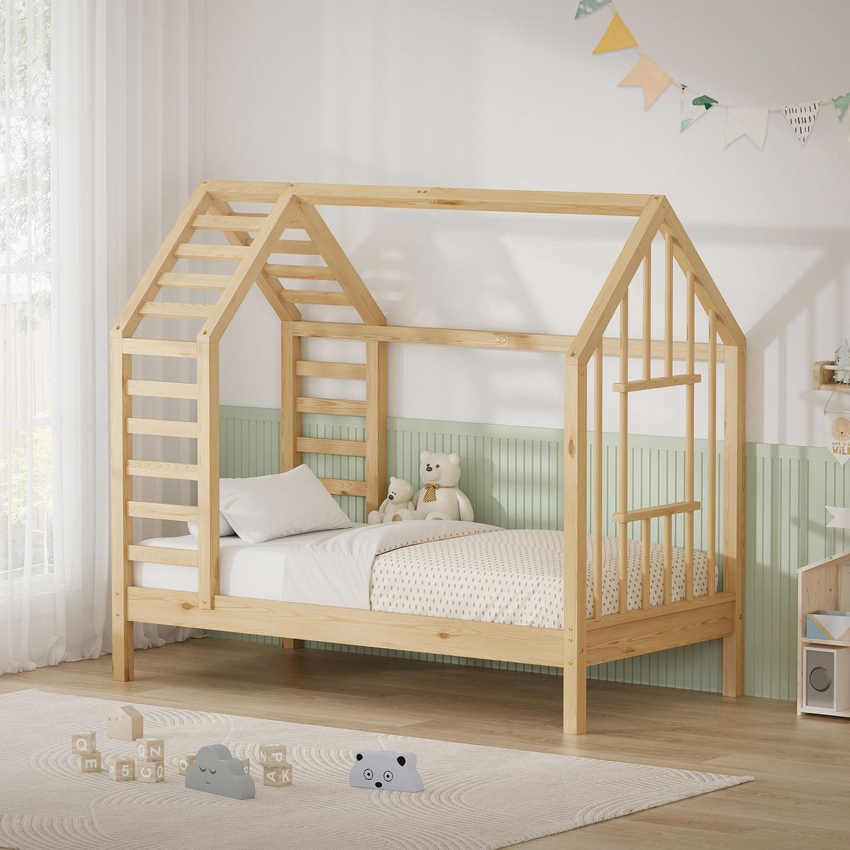 KINDERBETT 70x140 cm mit Lattenrost Dach und Fenster Hausbett aus massivem Kiefernholz Natur - Naturfarben, Holz (70/140cm) - ML-DESIGN