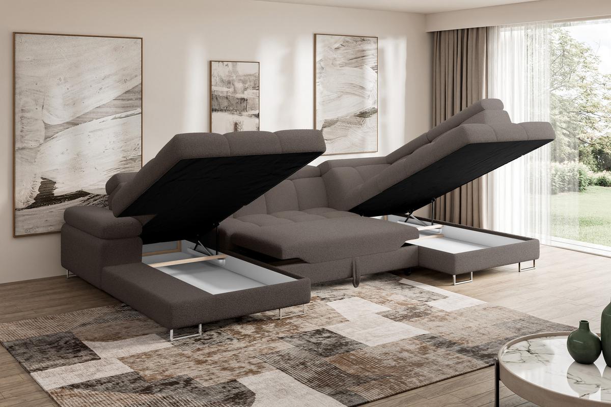 WOHNLANDSCHAFT mit Schlaffunktion und Bettkasten Ottomane RECHTS COMA U 345x203x79 Braun Bouclé - Dunkelbraun, Holzwerkstoff/Textil (203/79/345cm) - ALTDECOR