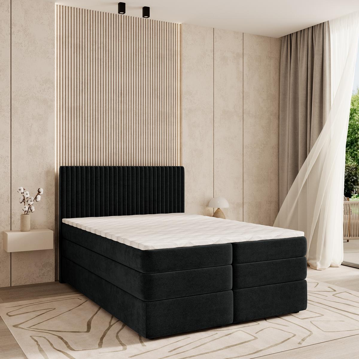 BOXSPRINGBETT FELBIO 180x200 cm mit Matratze und Topper - Schwarz - Schwarz, Holz (180/200cm) - MASSENO