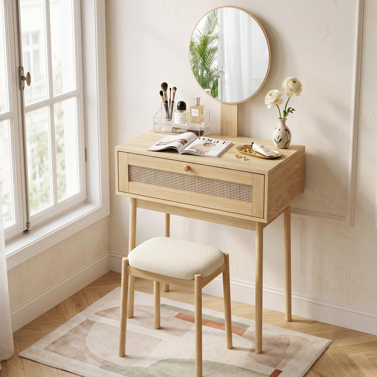 SCHMINKTISCH Rattan Eiche Optik mit Spiegel & Schublade Boho Kompakt - Eichefarben, Holzwerkstoff (60/128/50cm) - Urban Meuble
