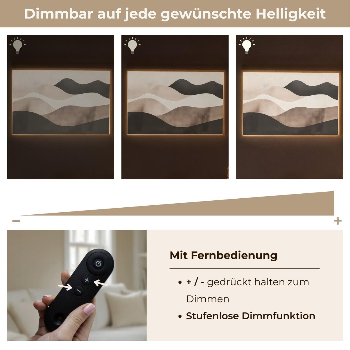 WANDLEUCHTE MIT AKKU Abstrakt - Landschaft - Wellen - Cremefarben 100x70 cm - Graubraun, Holzwerkstoff (100/70/8cm) - OnlyWow