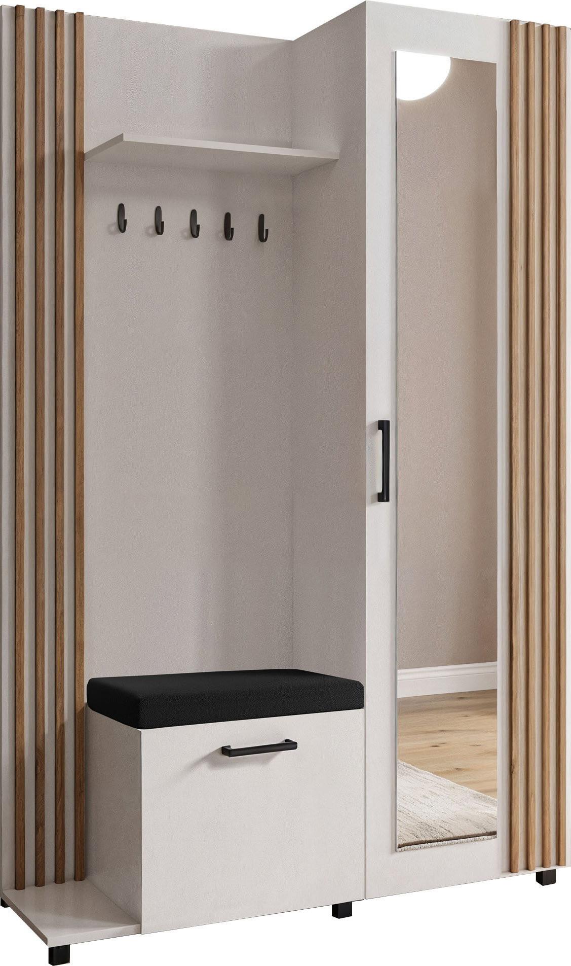 GARDEROBE Linaro mit Spiegel, Sitzbank in Lamellen-Optik 137/207/42 cm, Links - Schwarz/Weiß, Holzwerkstoff (137/207/42cm) - WFL GROUP