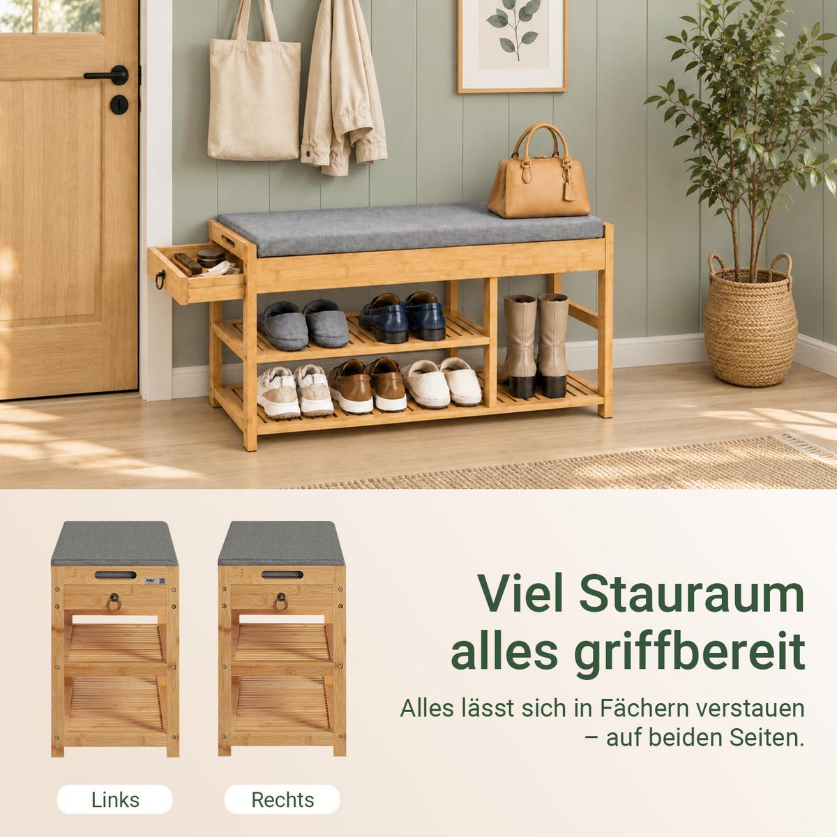 SCHUHBANK Natur, 90 x 45 x 30 cm, bis 150 kg, 2 Schubladen und 2 Fächer für Schuhe - Naturfarben, Holz (90/45/30cm) - SoBuy