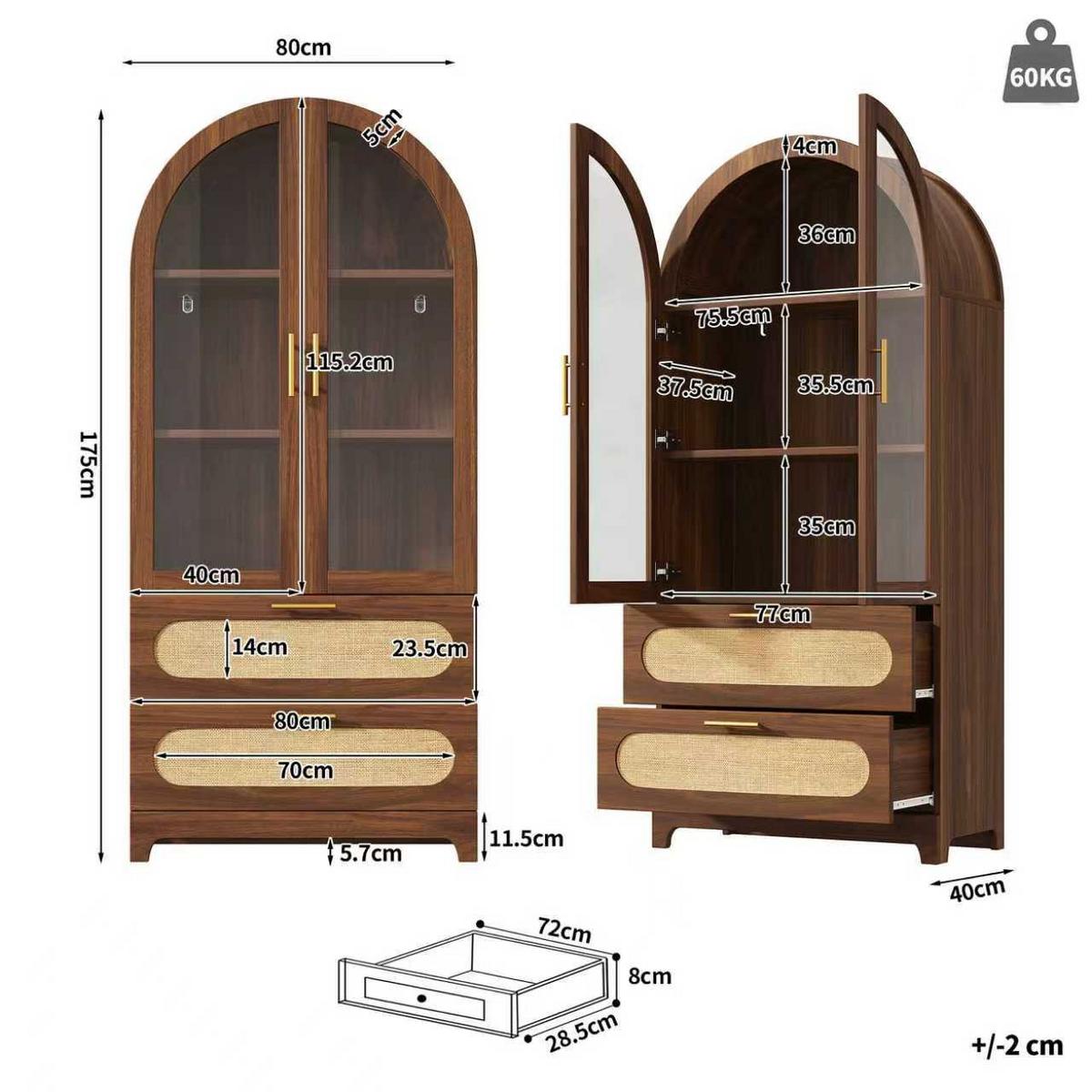 HIGHBOARD in Nussbaum-Optik mit Glas und PE-Rattan, Bogen-Design mit 2 Schubladen - Naturfarben, Holzwerkstoff (80/175/40cm) - Urban Meuble