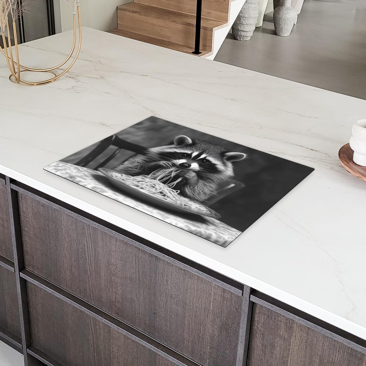 HERDABDECKPLATTE Waschbär - Niedlich - Pasta - Tischtuch - Schwarz - Weiß Herdabdeckung Induktionsfeld 75x52 cm - Grau, Kunststoff (75/52/0.2cm) - MuchoWow