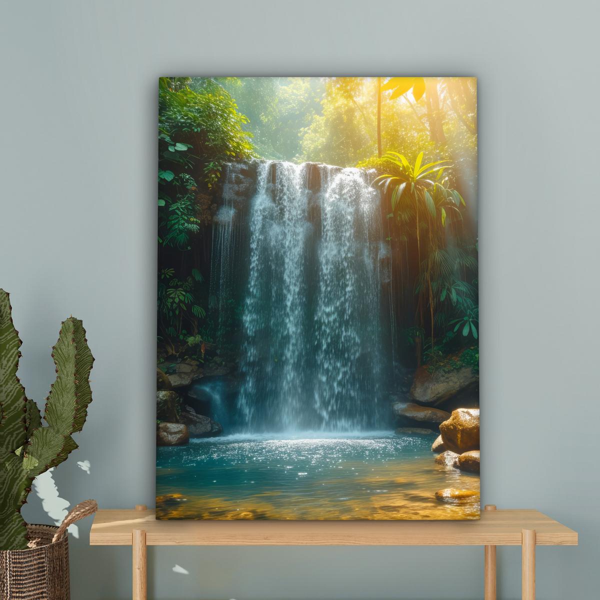 LEINWANDBILD Wasserfall - Dschungel - Sonne - Grün - Natur Wandbild Wohnzimmer 60x80 cm - Grün, Textil (60/80cm) - MuchoWow