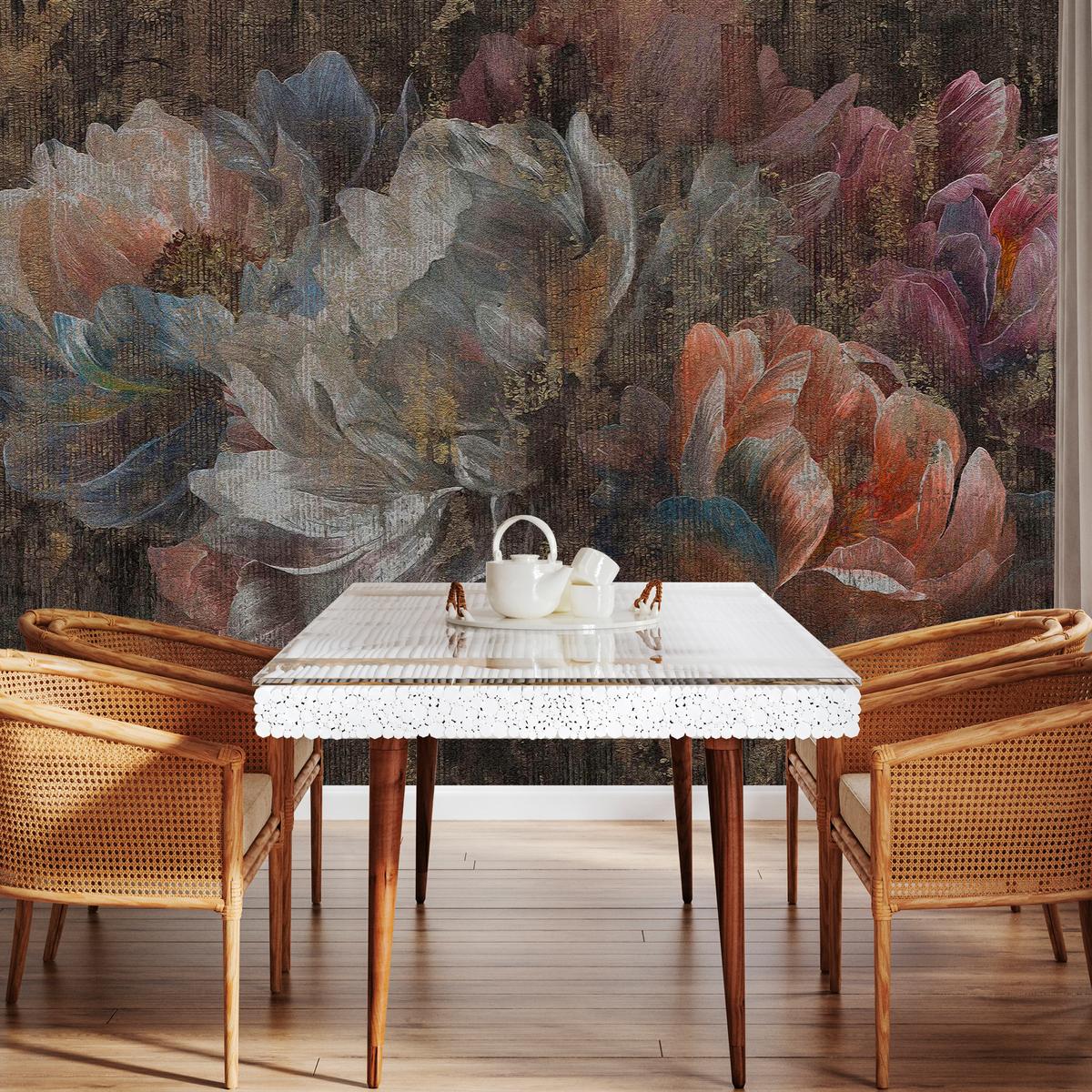 FOTOTAPETE für Esszimmer Gemalte Blumen Abstrakte Pfingstrosen Vintage 200x140 - Multicolor, Papier (200/140cm) - Muralo
