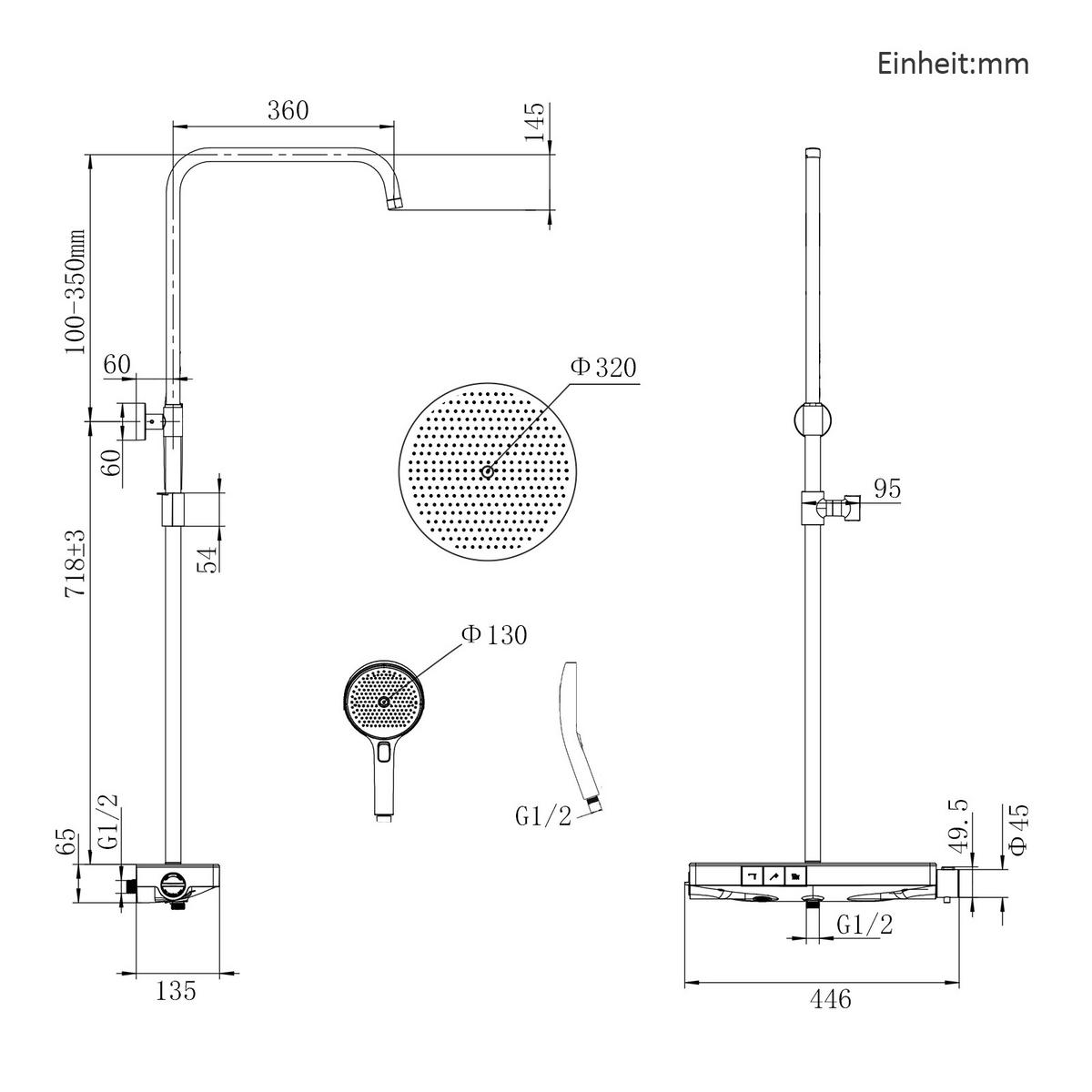 ÜBERKOPFBRAUSESET mit Thermostat Drei Wasserauslassmethoden Chrom - Chromfarben, Metall (44.6/106.8/52cm) - EMKE