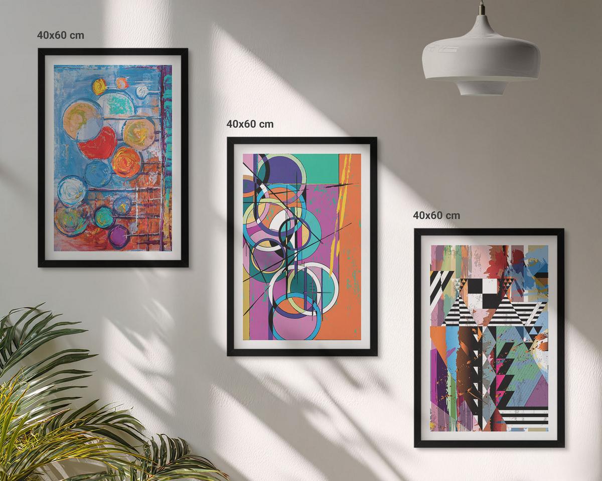 BILDER SET 3er Set - 40x60 cm Schwarzer Rahmen - Bunte abstrakte Kreise Geometrie - Schwarz, Kunststoff (40/60cm) - TULUP