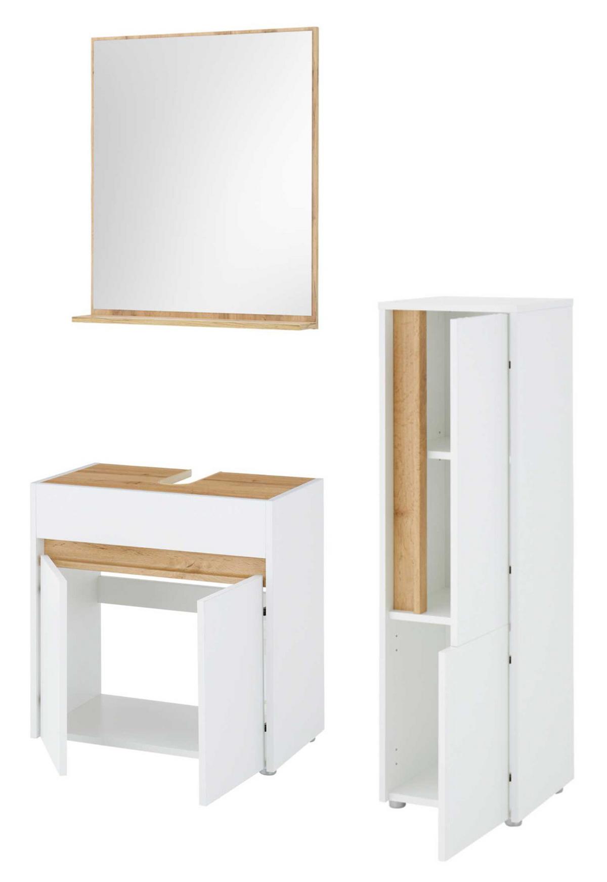 BADMÖBEL-SET 3-teilig weiß, Wotan Eiche, Badkombination 114 cm - Eiche Wotan/Silberfarben, Glas/Holz (116/200/34cm) - Furn.Design