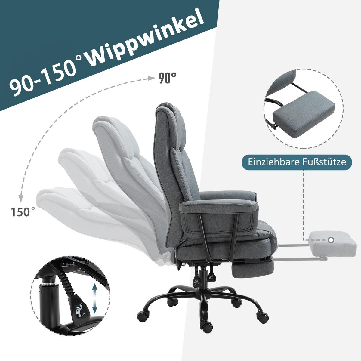 BÜROSTUHL höhenverstellbar Chefsessel Computerstuhl mit Fußstütze 360° PU - Grau, Leder (80/126/68cm) - Vinsetto