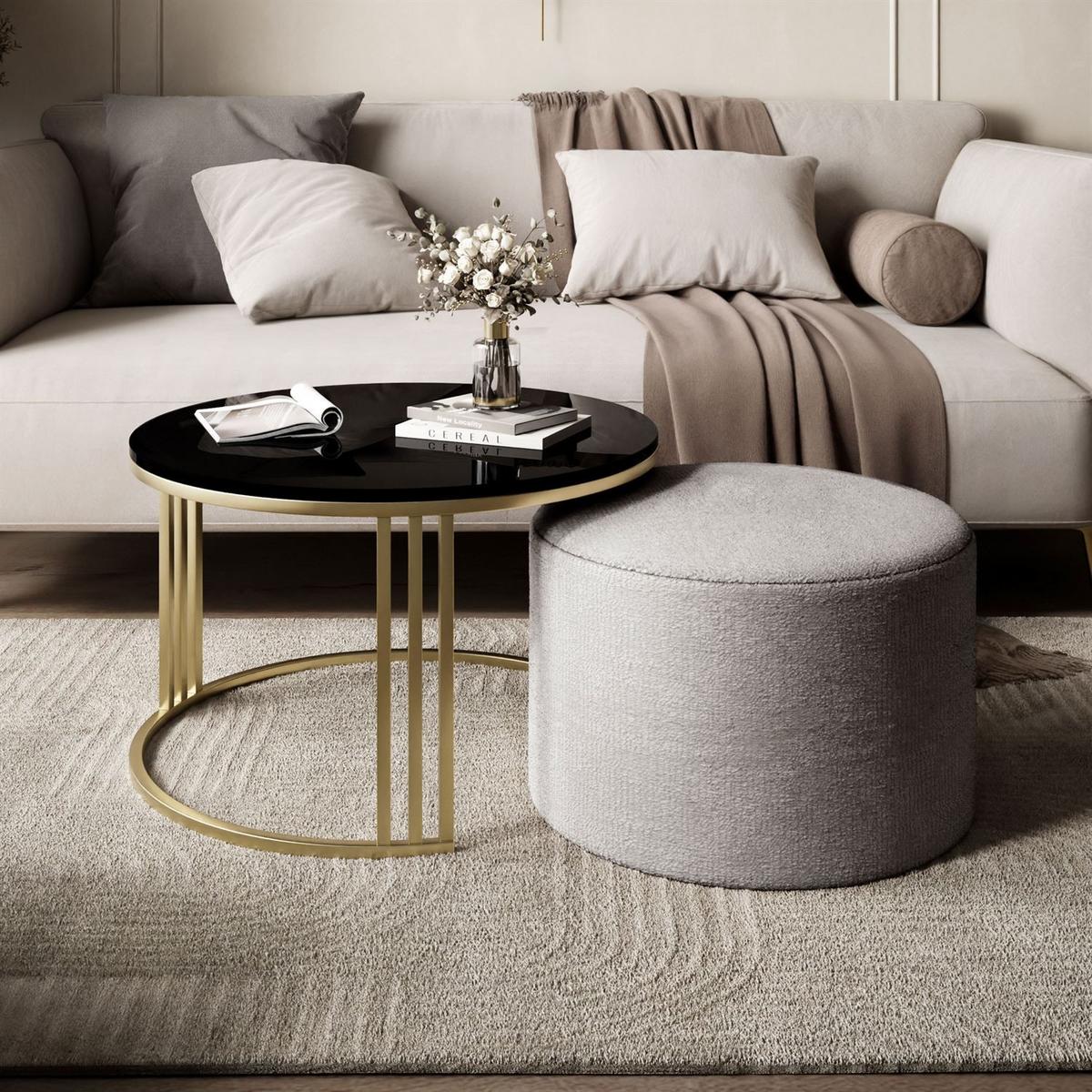 COUCHTISCH mit Hocker LORI Hochglanz gebürstetes Gold/Schwarz glänzend/Perfect Harmony 82 - Weiß, Metall (70/70/49cm) - Lookway