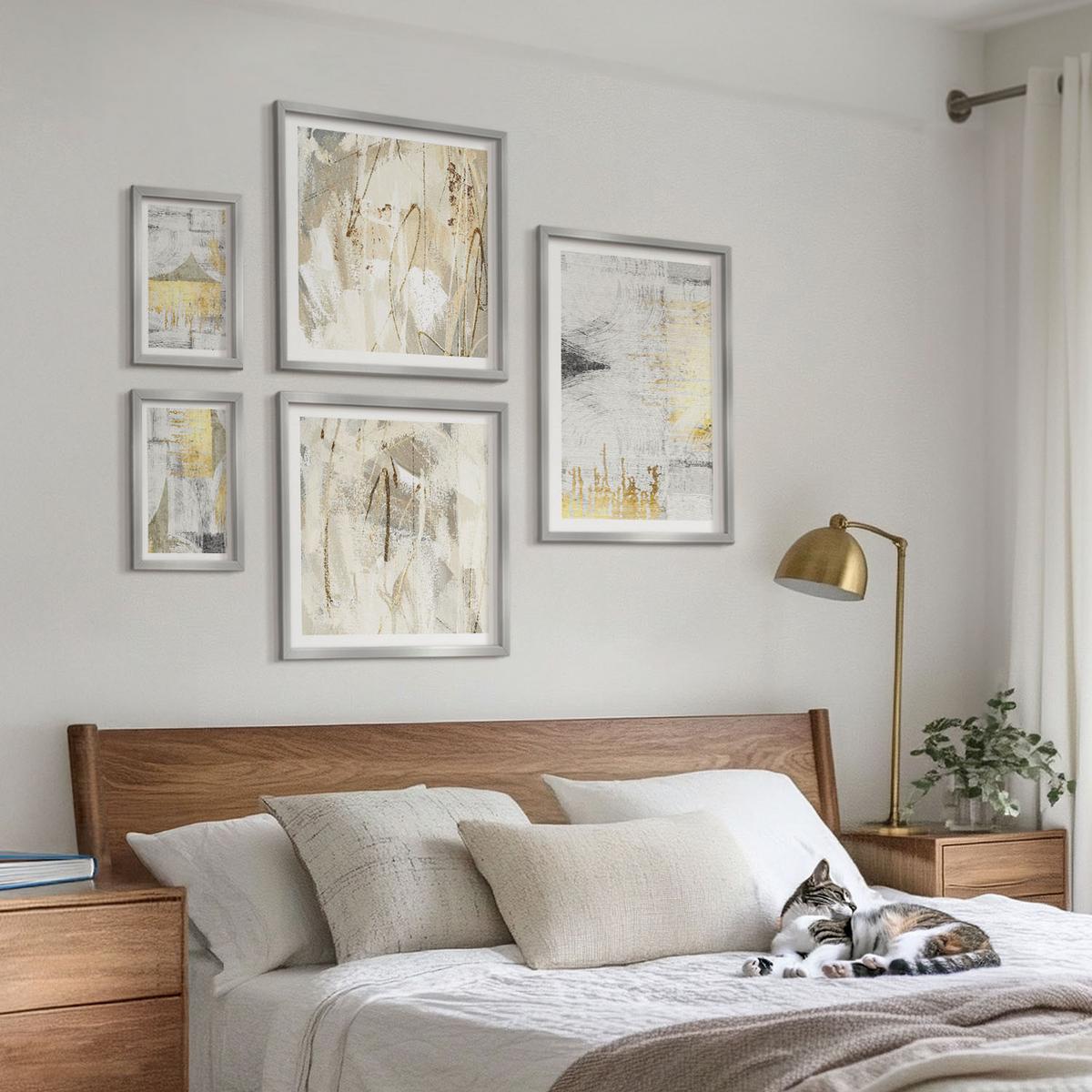 BILDER SET 5er Set - 50x50 cm & 20x30 cm & 40x60 cm Silberner Rahmen - Abstrakte minimalistische Muster - Silberfarben, Kunststoff (40/60cm) - TULUP