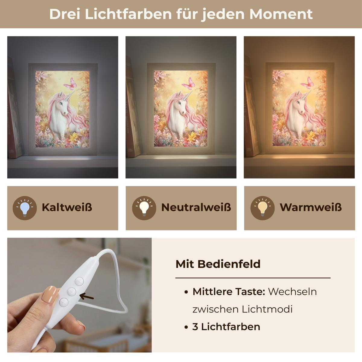 NACHTTISCHLAMPE Einhorn - Blumen - Schmetterling - Rosa 15x20 cm - Beige, Holzwerkstoff (8/15/20cm) - OnlyWow