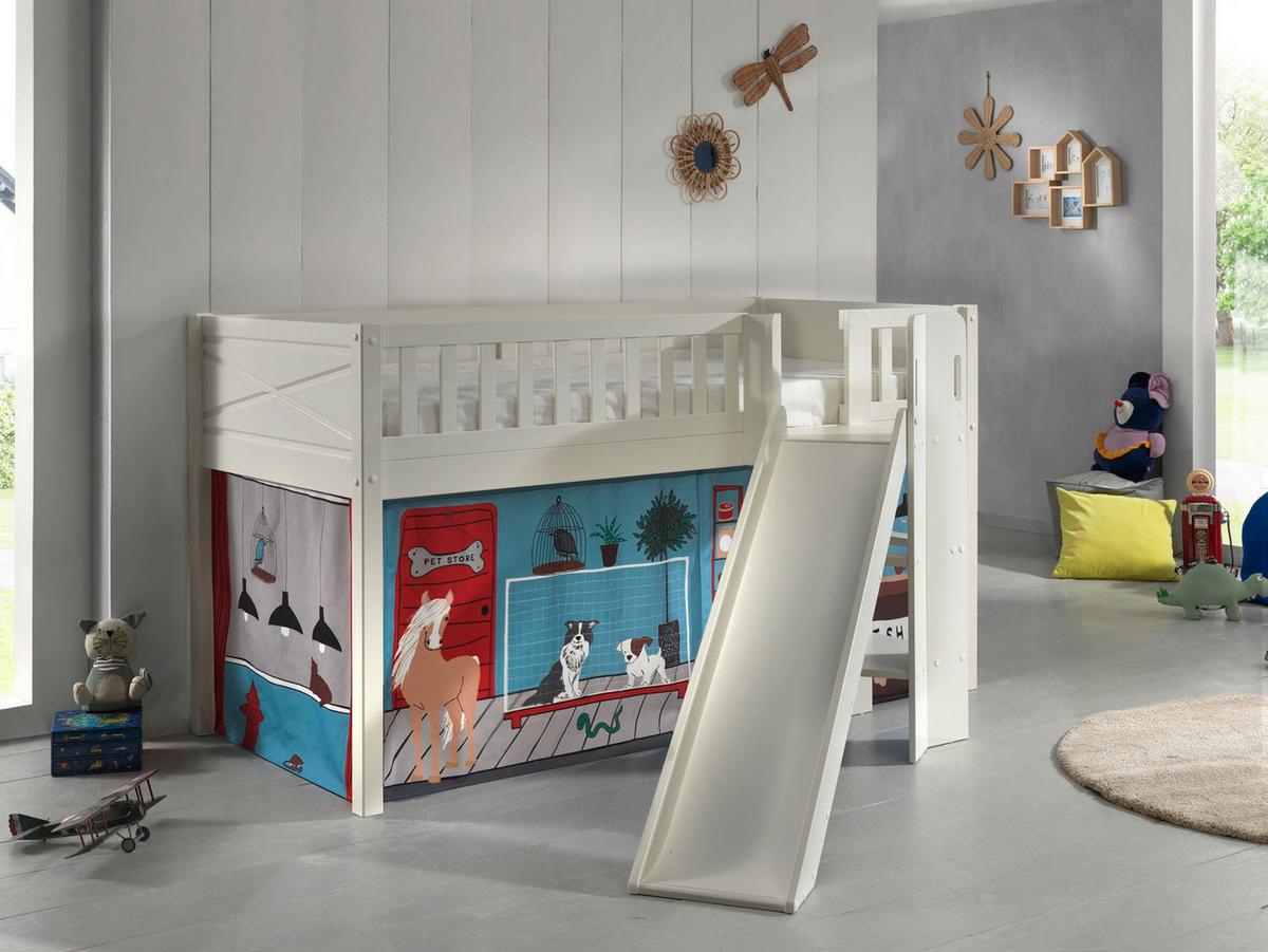 HOCHBETT mit Rutsche Karyl Massivholz Weiß Textilset Pet Shop - Blaugrau/Weiß, Holz (90/200cm) - 58aufmkessel