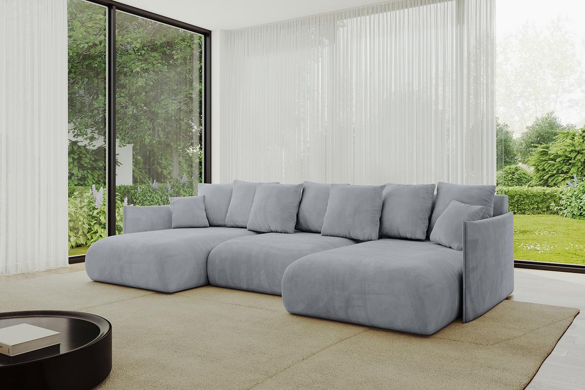 WOHNLANDSCHAFT mit Schlaffunktion und Bettkasten ONESK-U 317x177x72 Hellgrau Velours - Titanfarben, Holzwerkstoff/Kunststoff (317/72/177cm) - ALTDECOR